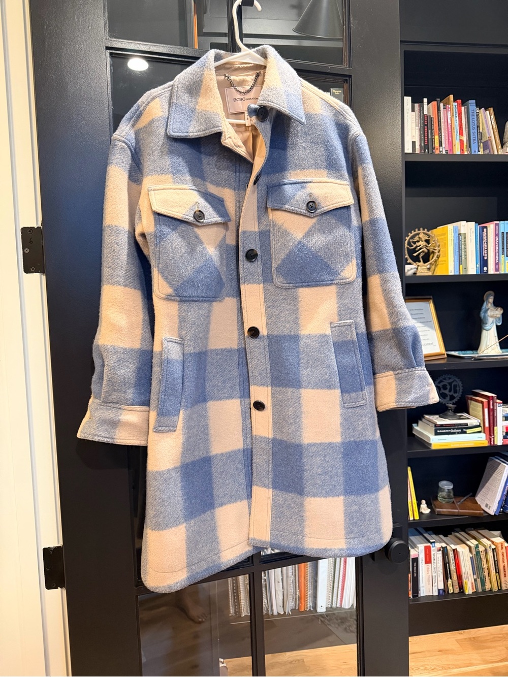 BCBGeneration Blue and Cream Checked Wool-Blend Pea Coat